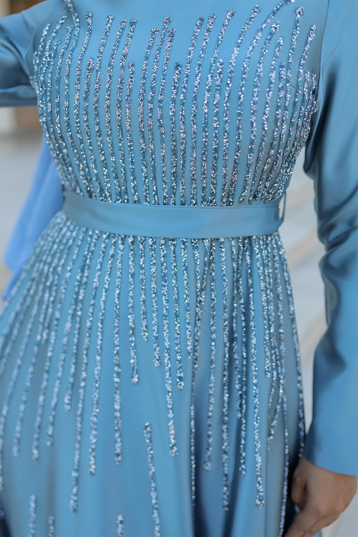 Tesettür Yaren Saten Abiye Mint YeşiliLP6074