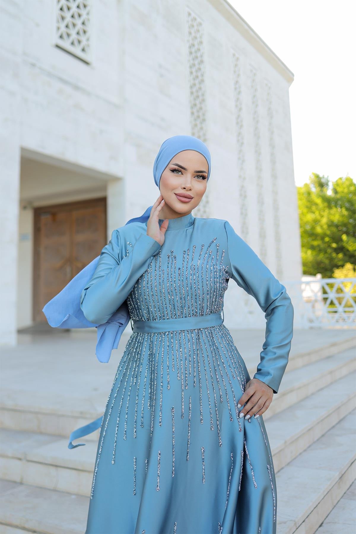 Tesettür Yaren Saten Abiye Mint YeşiliLP6074