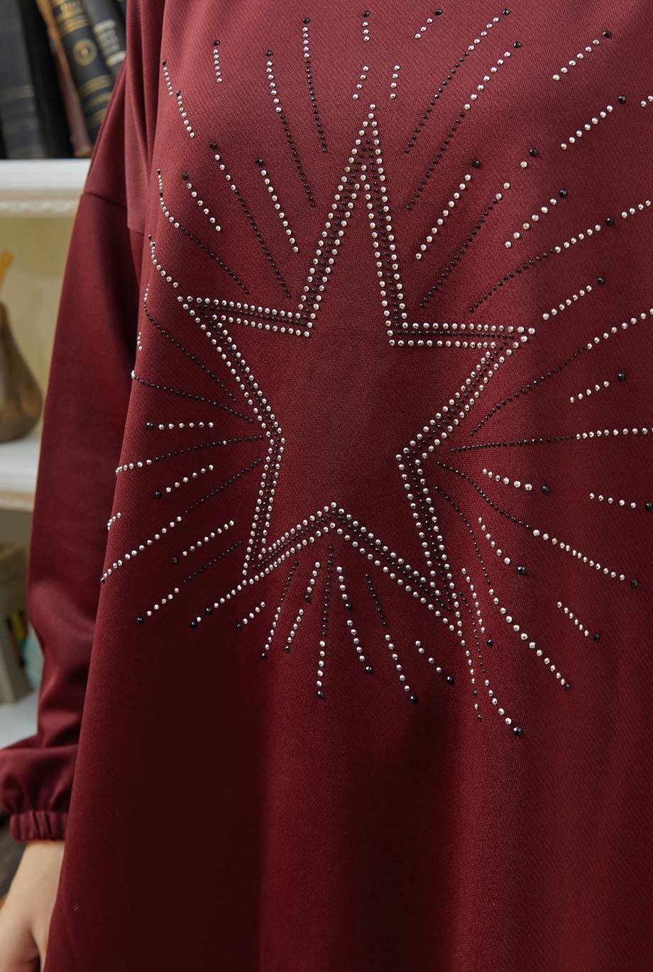 Tesettür Yıldız Baskılı Kombin BordoHM4018