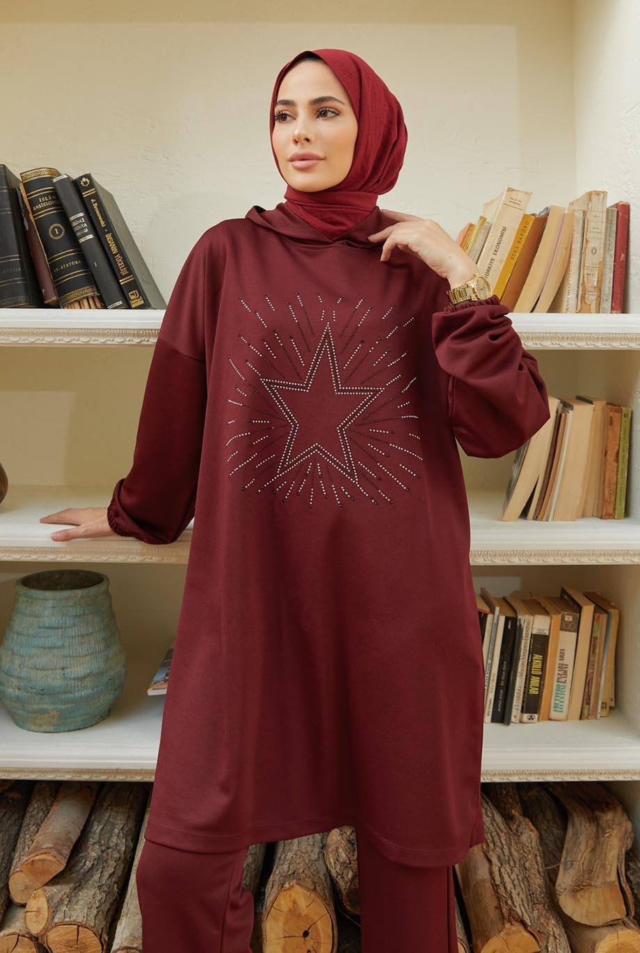 Tesettür Yıldız Baskılı Kombin BordoHM4018