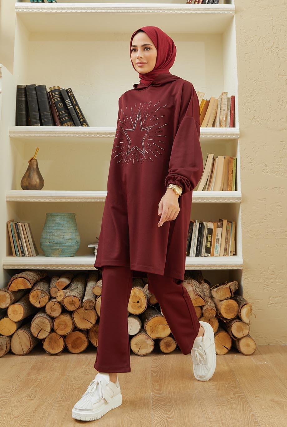 Tesettür Yıldız Baskılı Kombin BordoHM4018