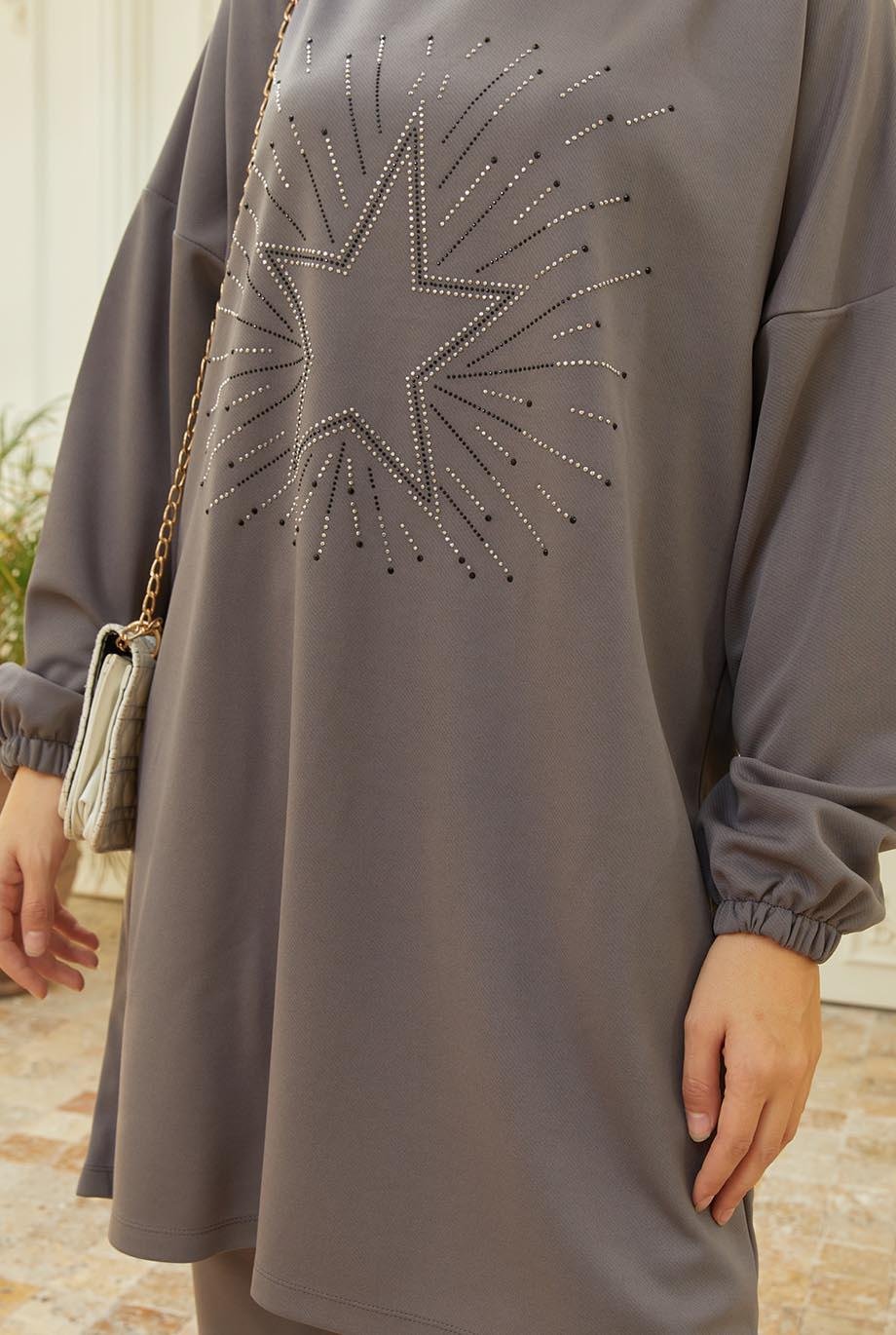 Tesettür Yıldız Baskılı Kombin GriHM4018