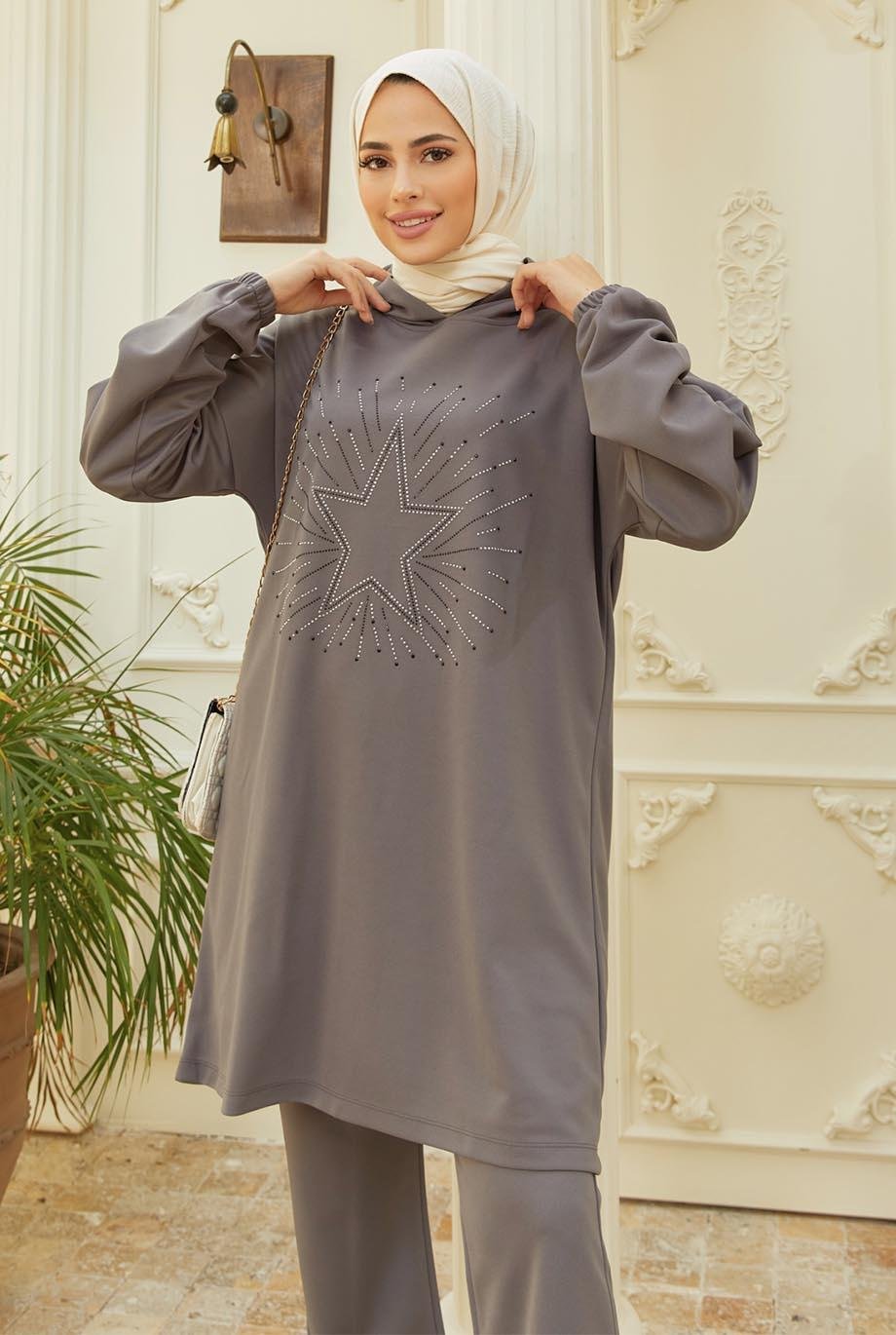 Tesettür Yıldız Baskılı Kombin GriHM4018