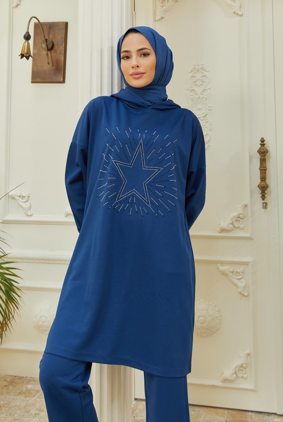 Tesettür Yıldız Baskılı Kombin IndigoHM4018