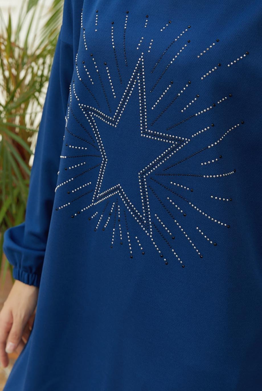 Tesettür Yıldız Baskılı Kombin IndigoHM4018