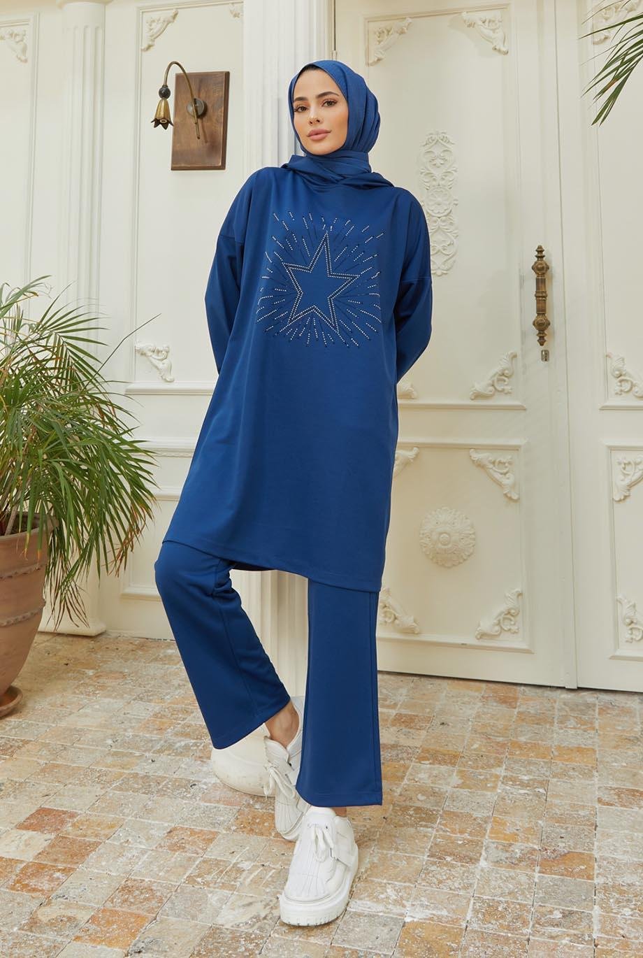 Tesettür Yıldız Baskılı Kombin IndigoHM4018