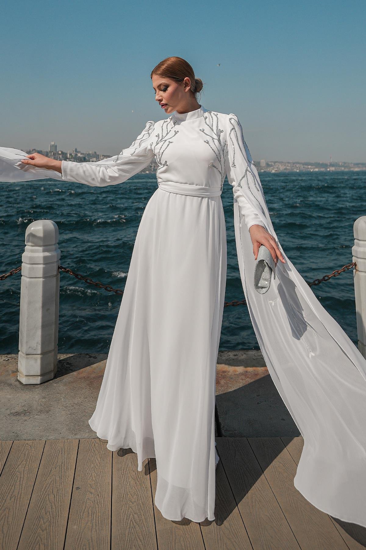 Tesettür Yüsra Şifon Abiye BeyazLP6254