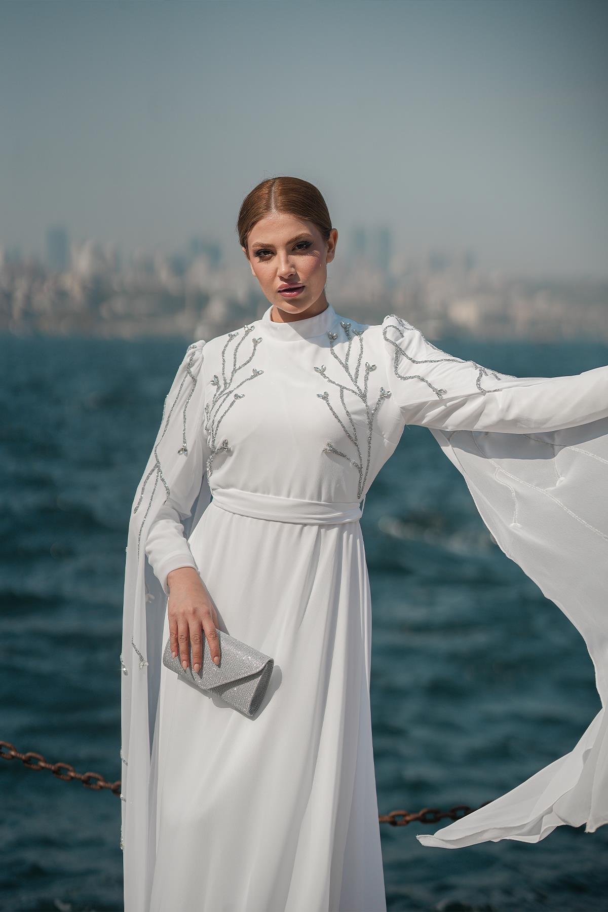 Tesettür Yüsra Şifon Abiye BeyazLP6254