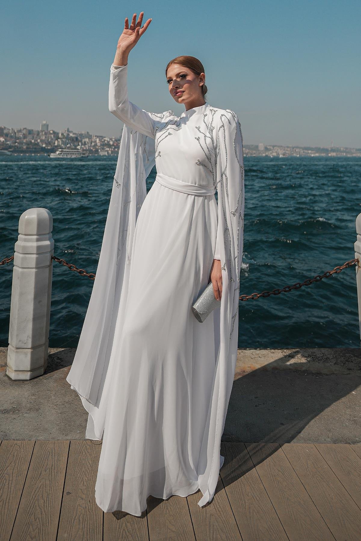 Tesettür Yüsra Şifon Abiye BeyazLP6254