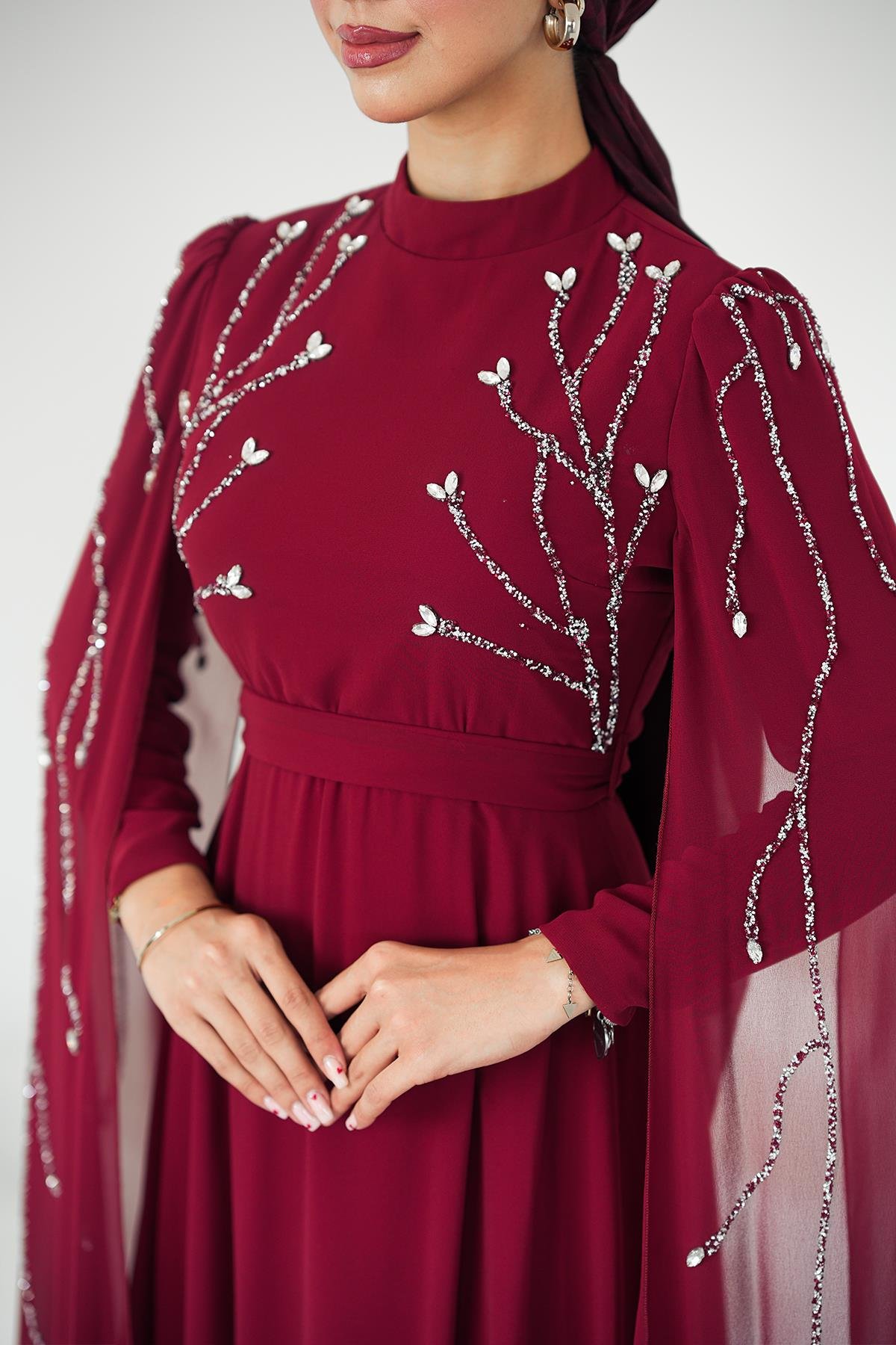 Tesettür Yüsra Şifon Abiye BordoLP6254