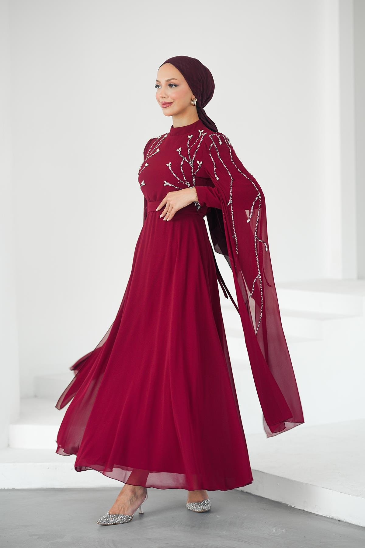 Tesettür Yüsra Şifon Abiye BordoLP6254