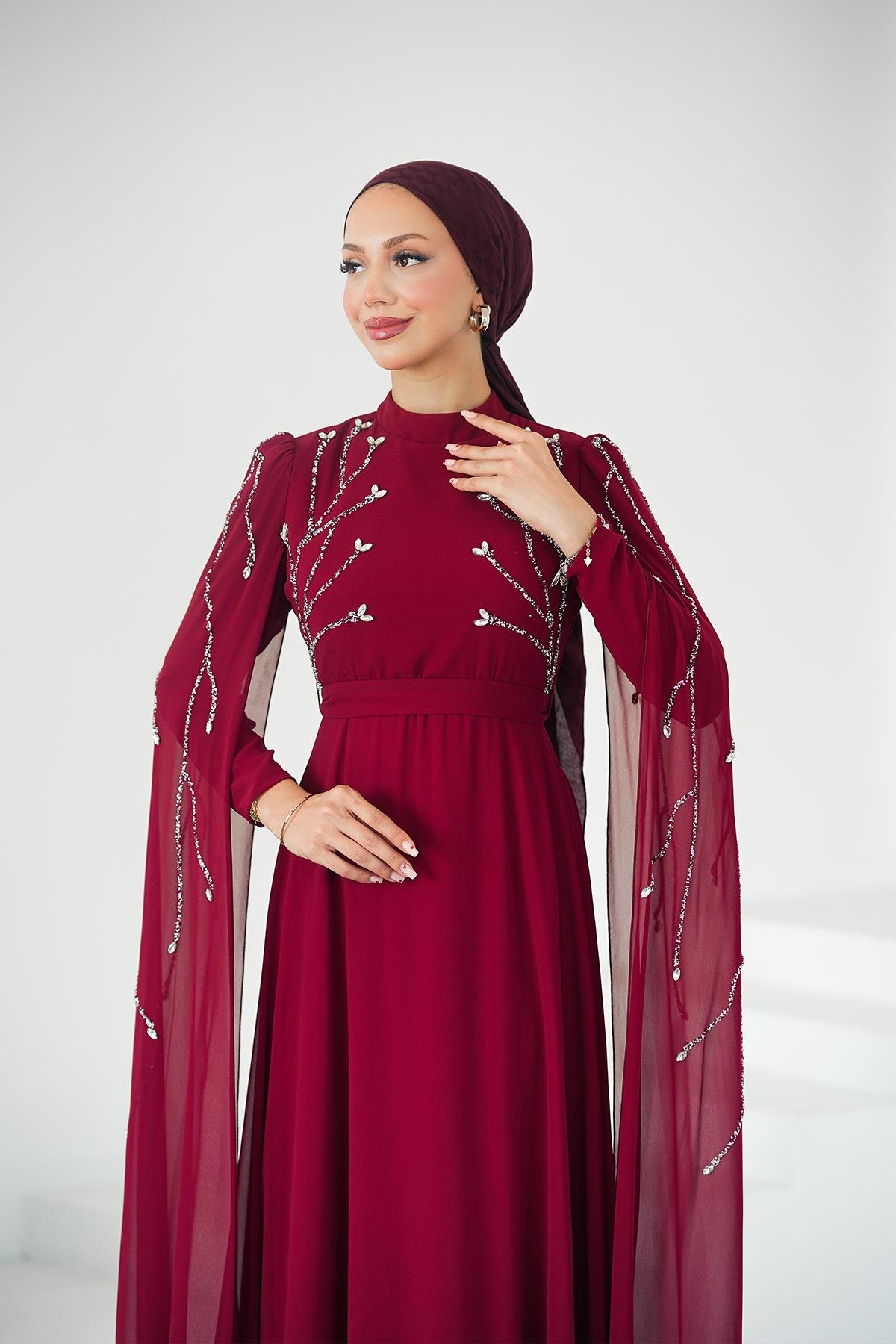 Tesettür Yüsra Şifon Abiye BordoLP6254