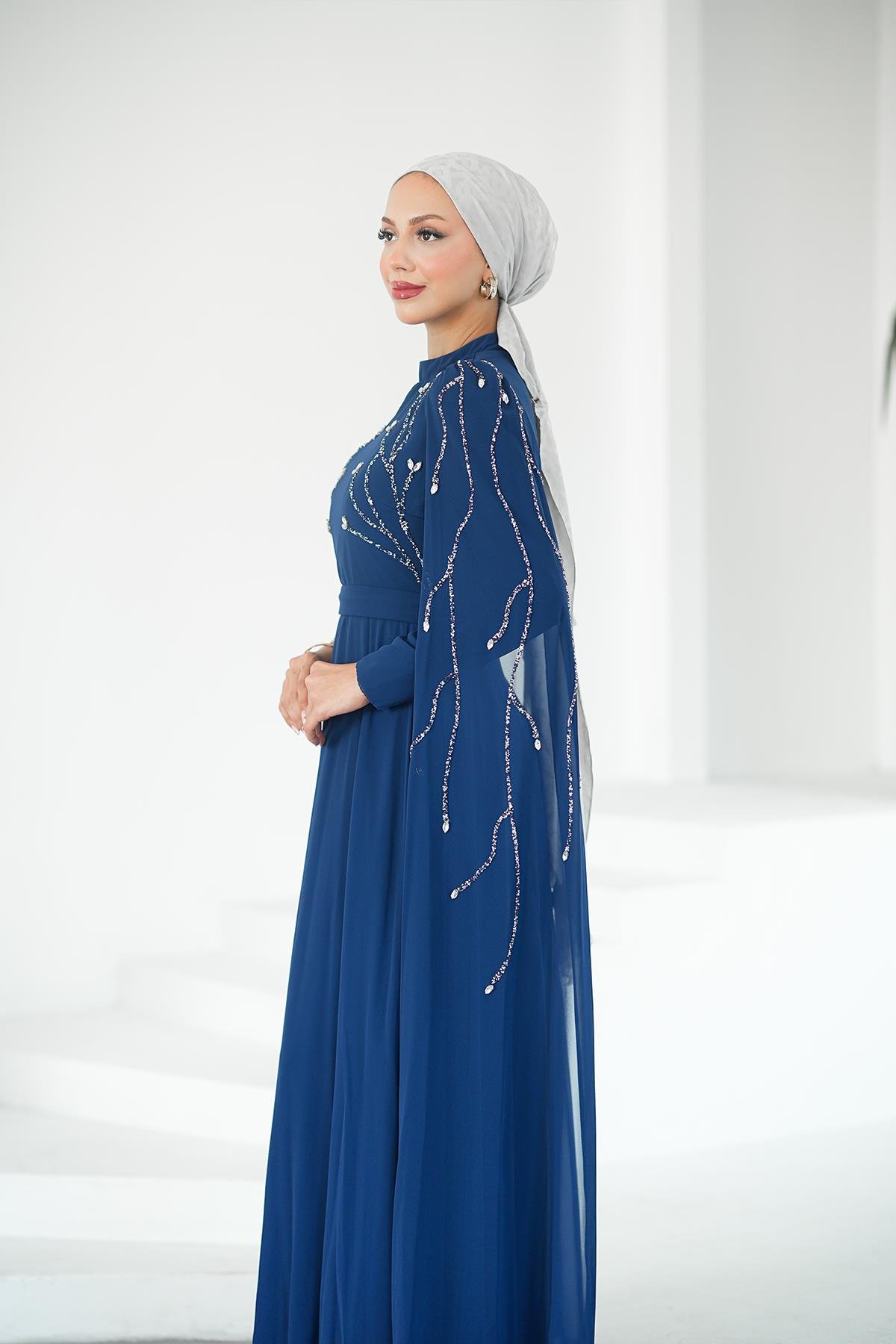 Tesettür Yüsra Şifon Abiye LacivertLP6254