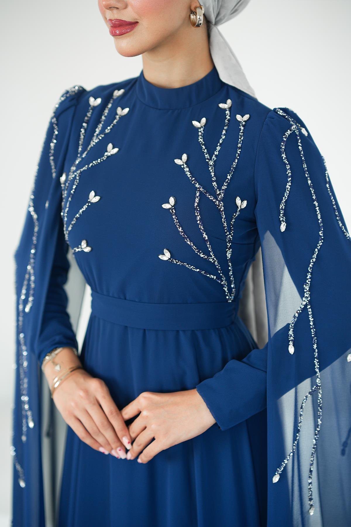 Tesettür Yüsra Şifon Abiye LacivertLP6254