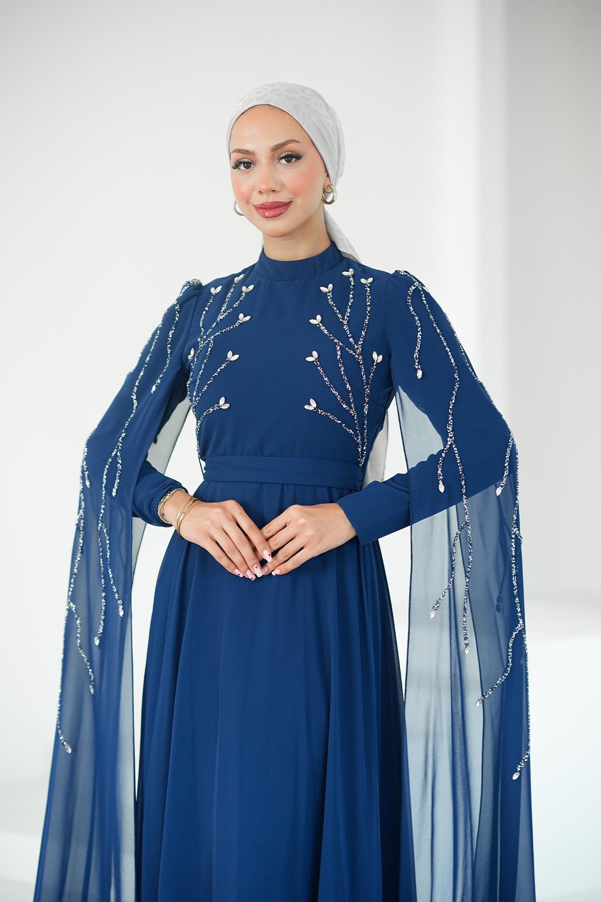 Tesettür Yüsra Şifon Abiye LacivertLP6254