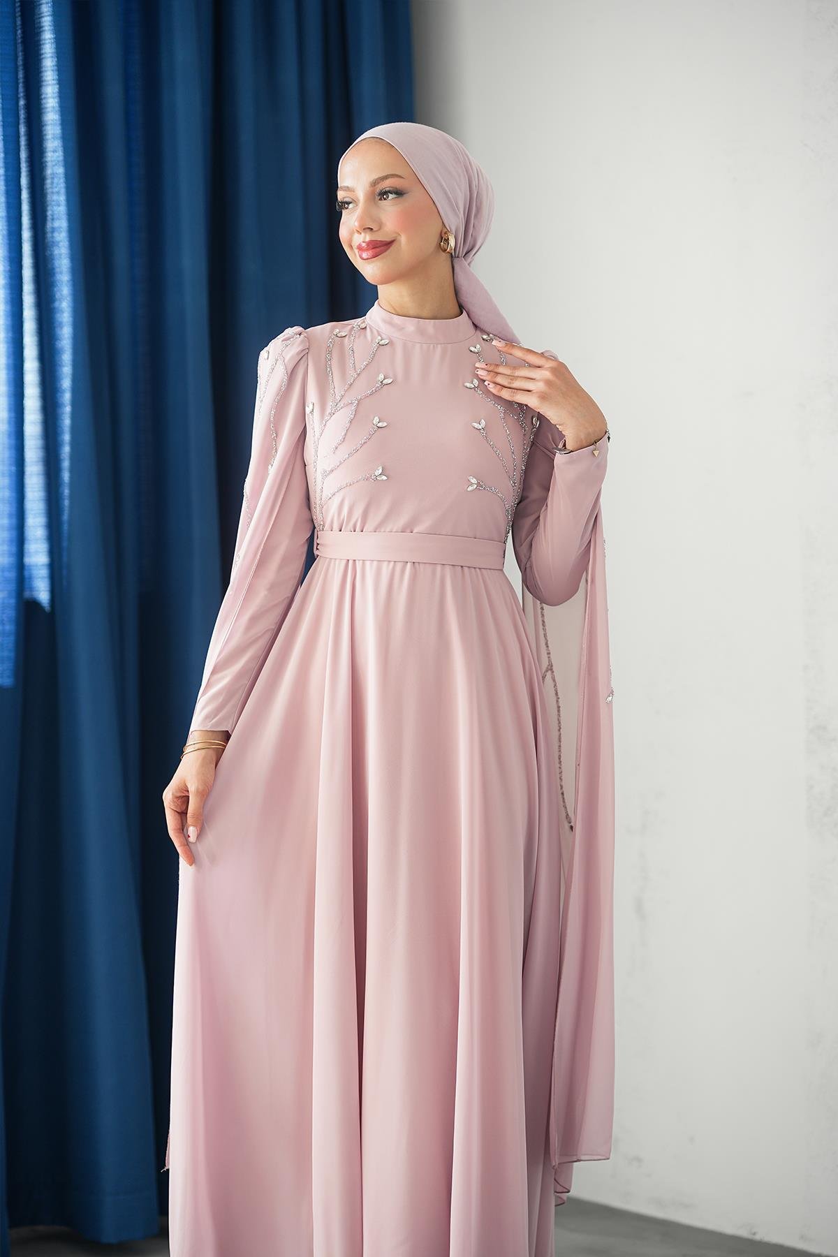 Tesettür Yüsra Şifon Abiye PudraLP6254