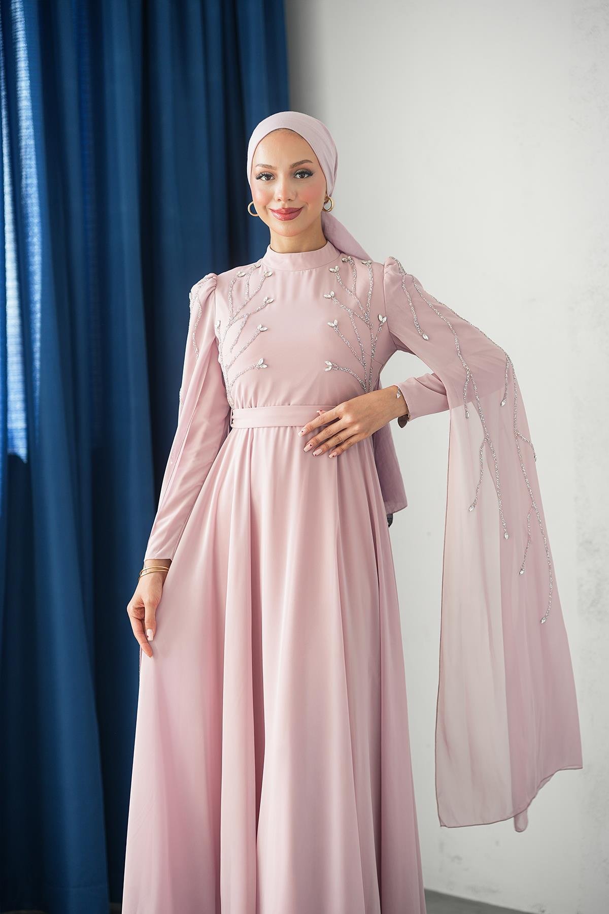 Tesettür Yüsra Şifon Abiye PudraLP6254