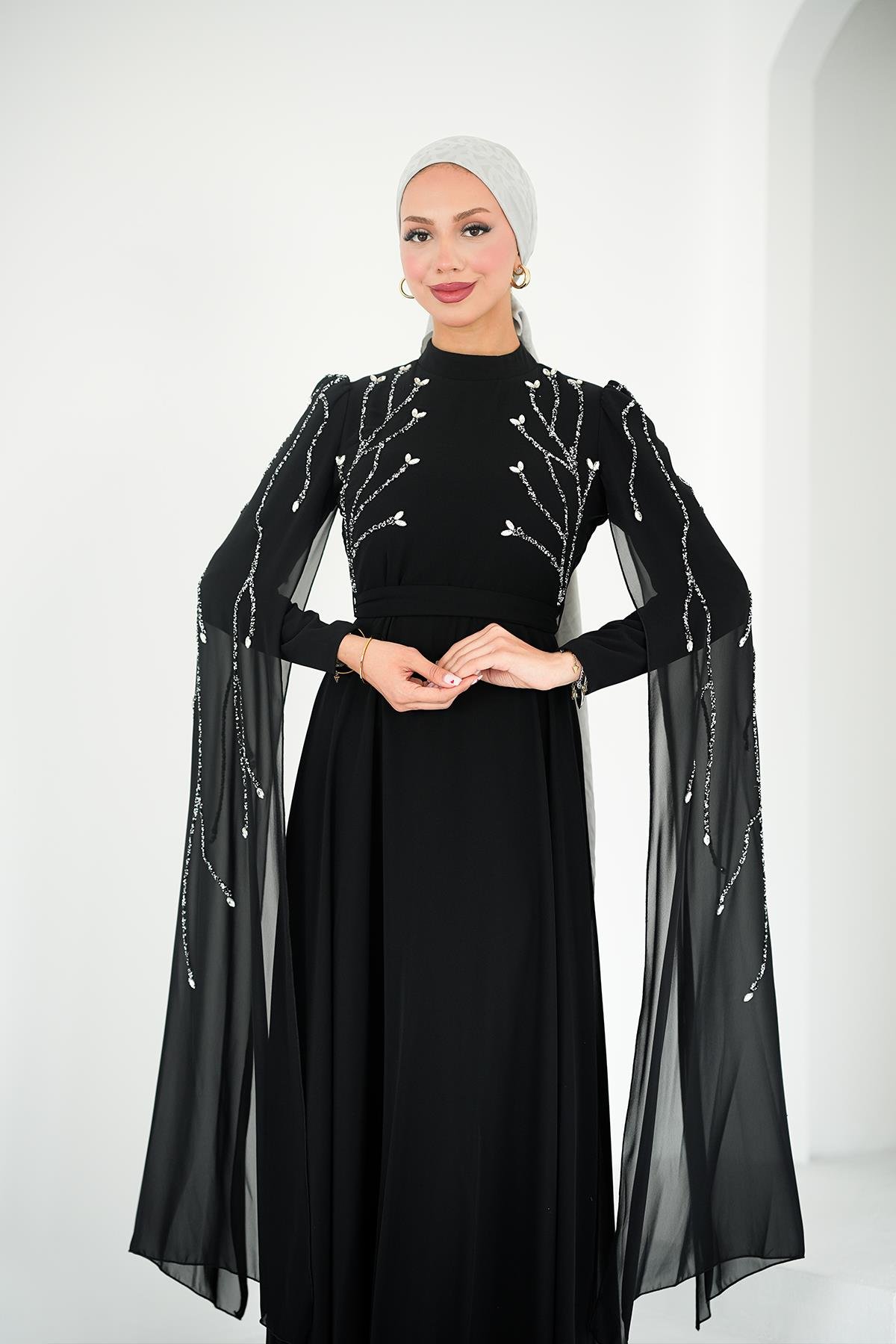 Tesettür Yüsra Şifon Abiye SiyahLP6254