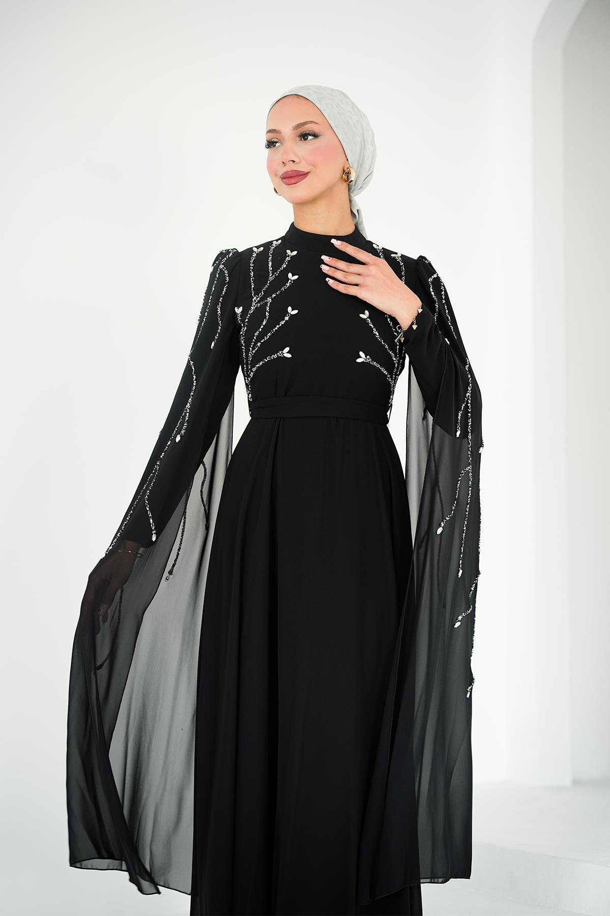 Tesettür Yüsra Şifon Abiye SiyahLP6254