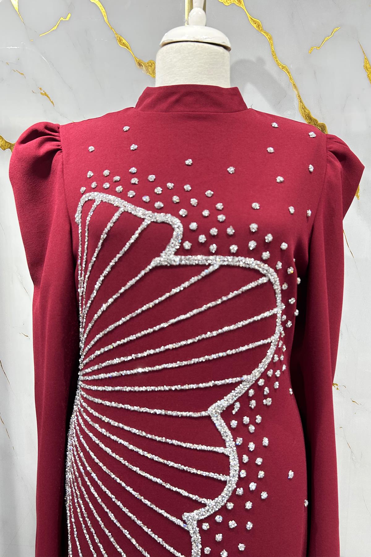 Tesettür Zer Krep Abiye BordoLP6187