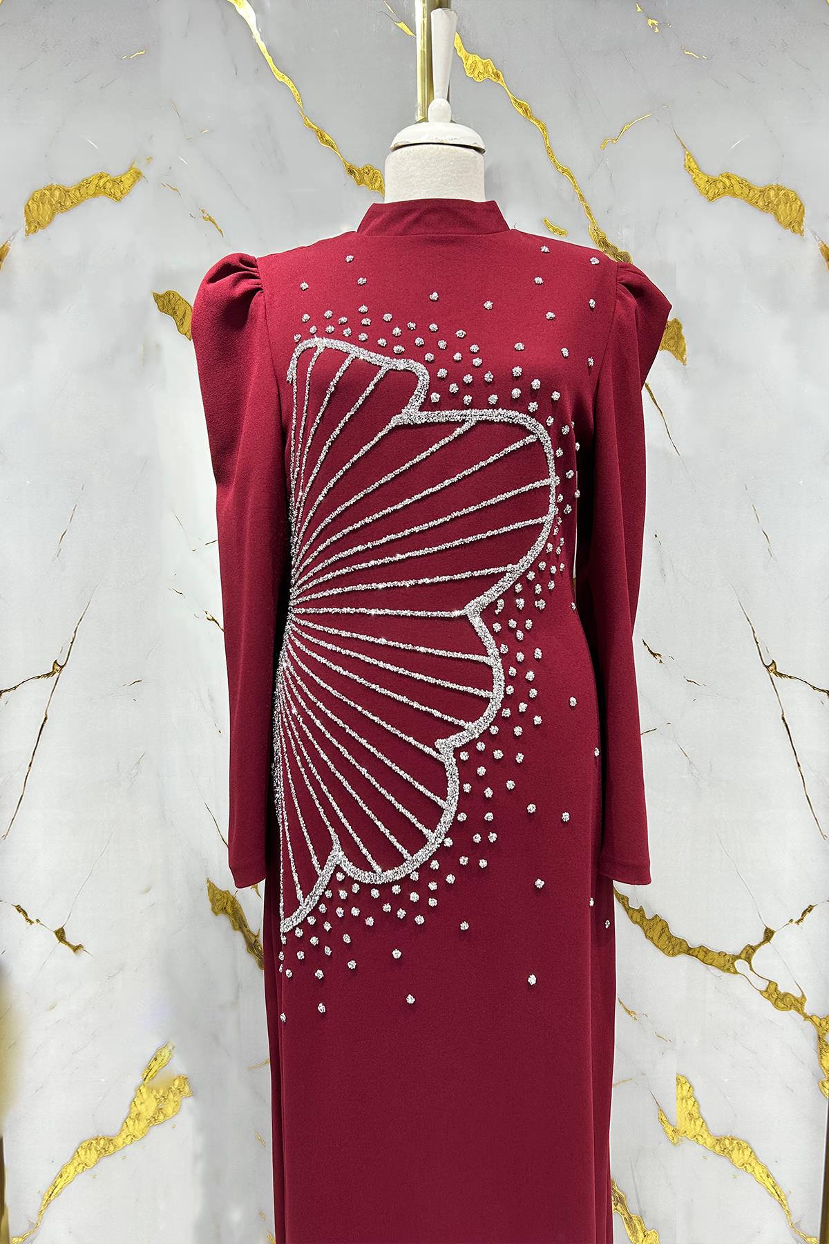 Tesettür Zer Krep Abiye BordoLP6187