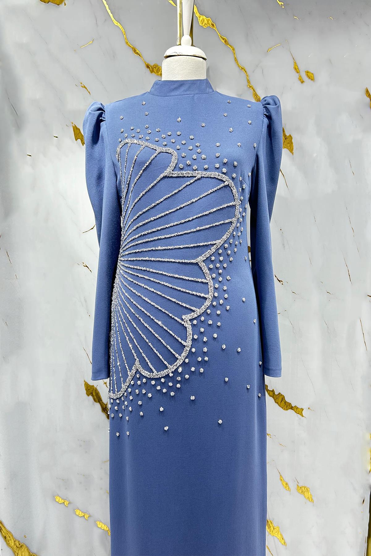 Tesettür Zer Krep Abiye IndigoLP6187