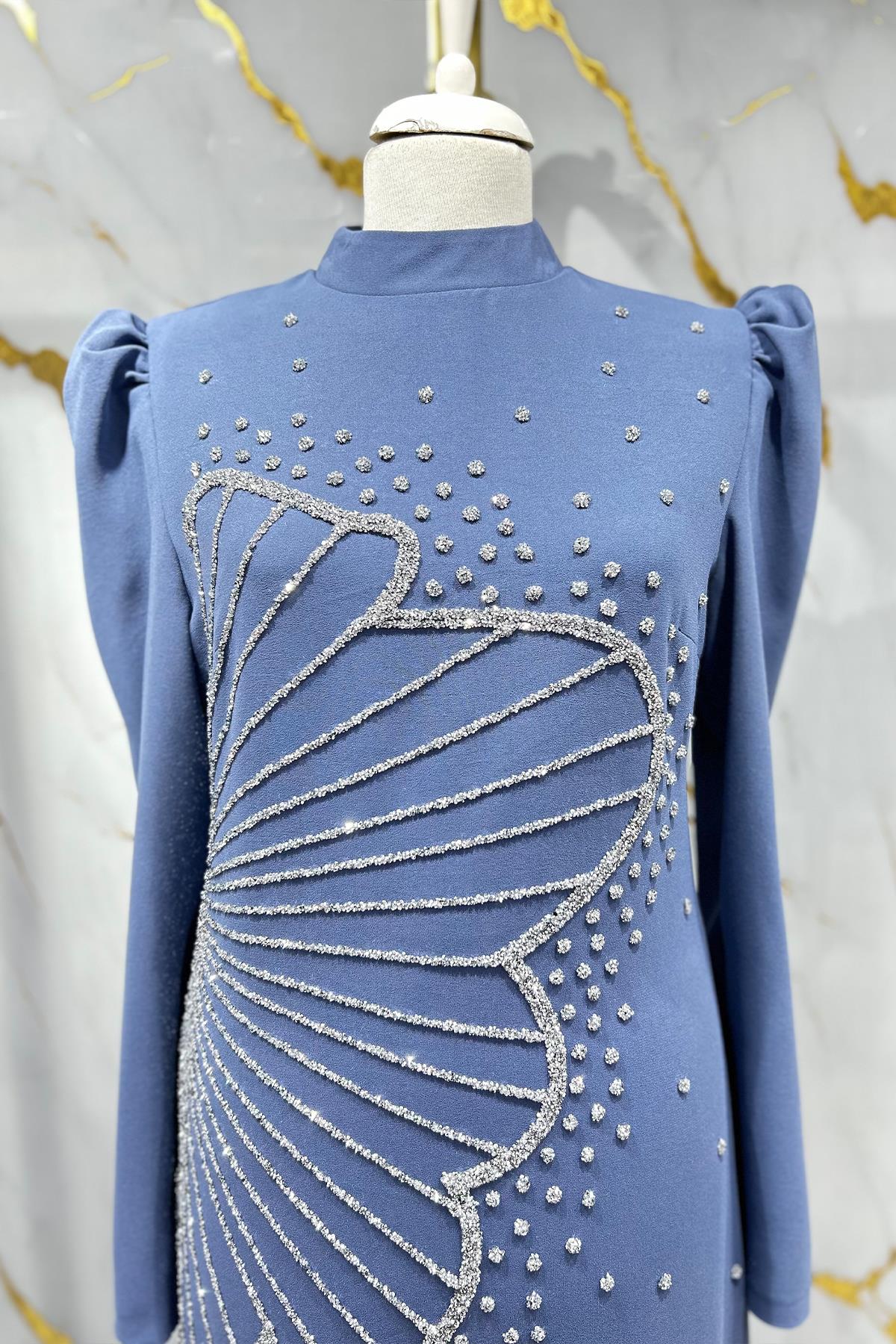 Tesettür Zer Krep Abiye IndigoLP6187