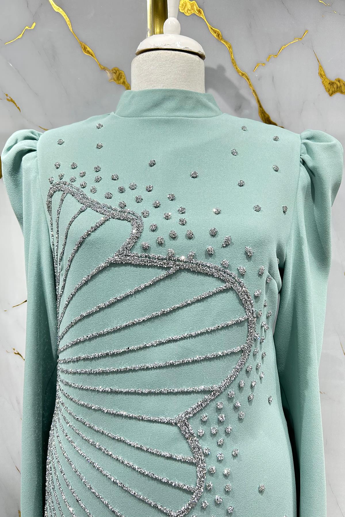 Tesettür Zer Krep Abiye Mint YeşiliLP6187