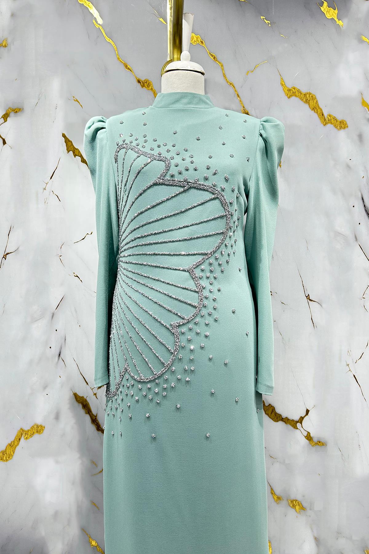 Tesettür Zer Krep Abiye Mint YeşiliLP6187