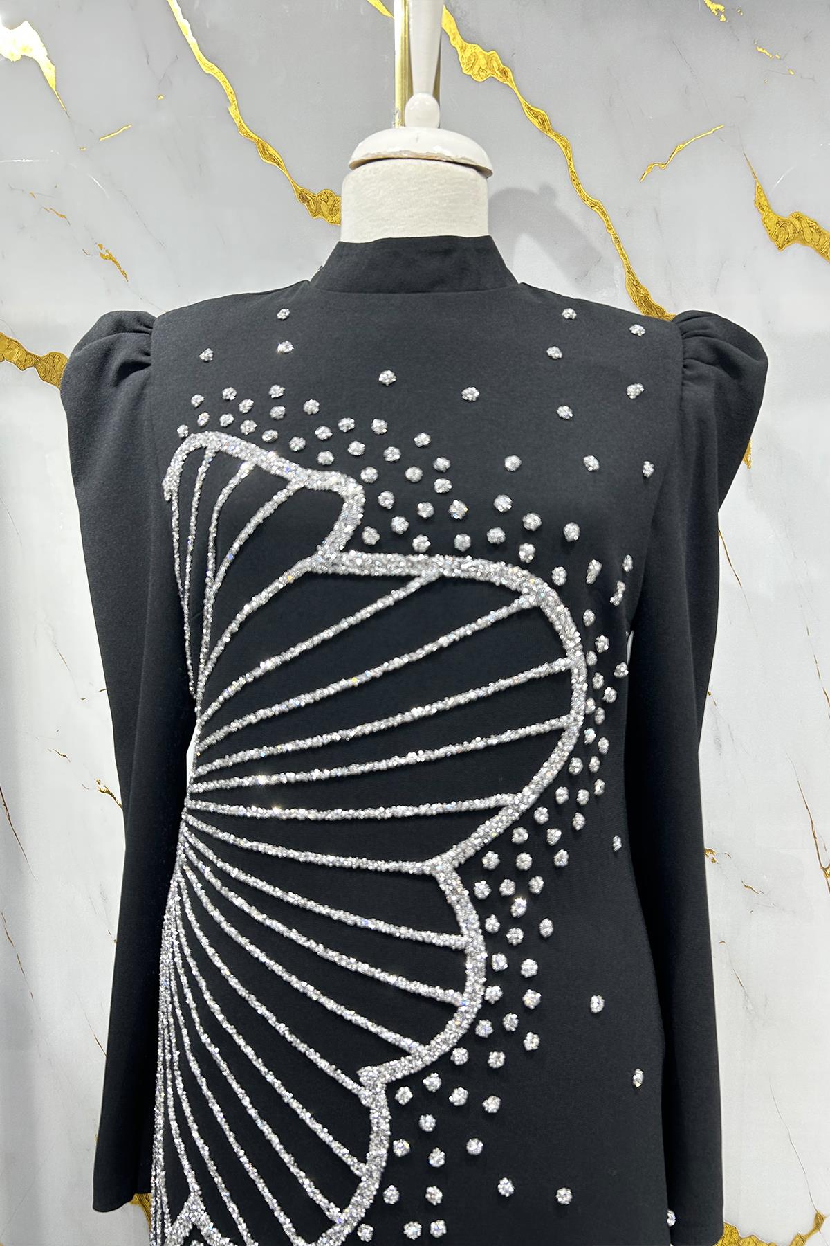 Tesettür Zer Krep Abiye SiyahLP6187