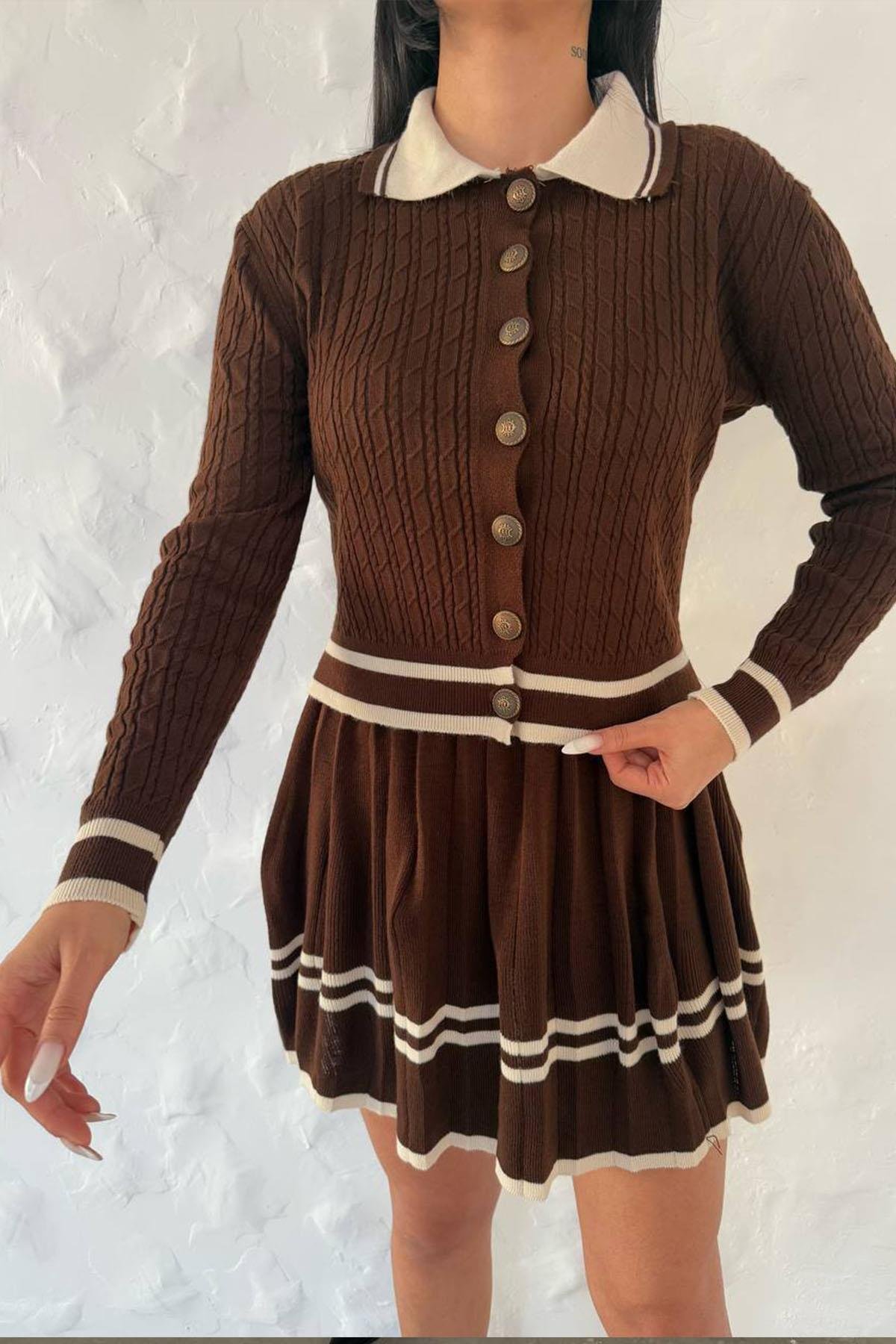 TRİKO DÜĞMELİ ETEKLİ TAKIM ACI KAHVEHM1316