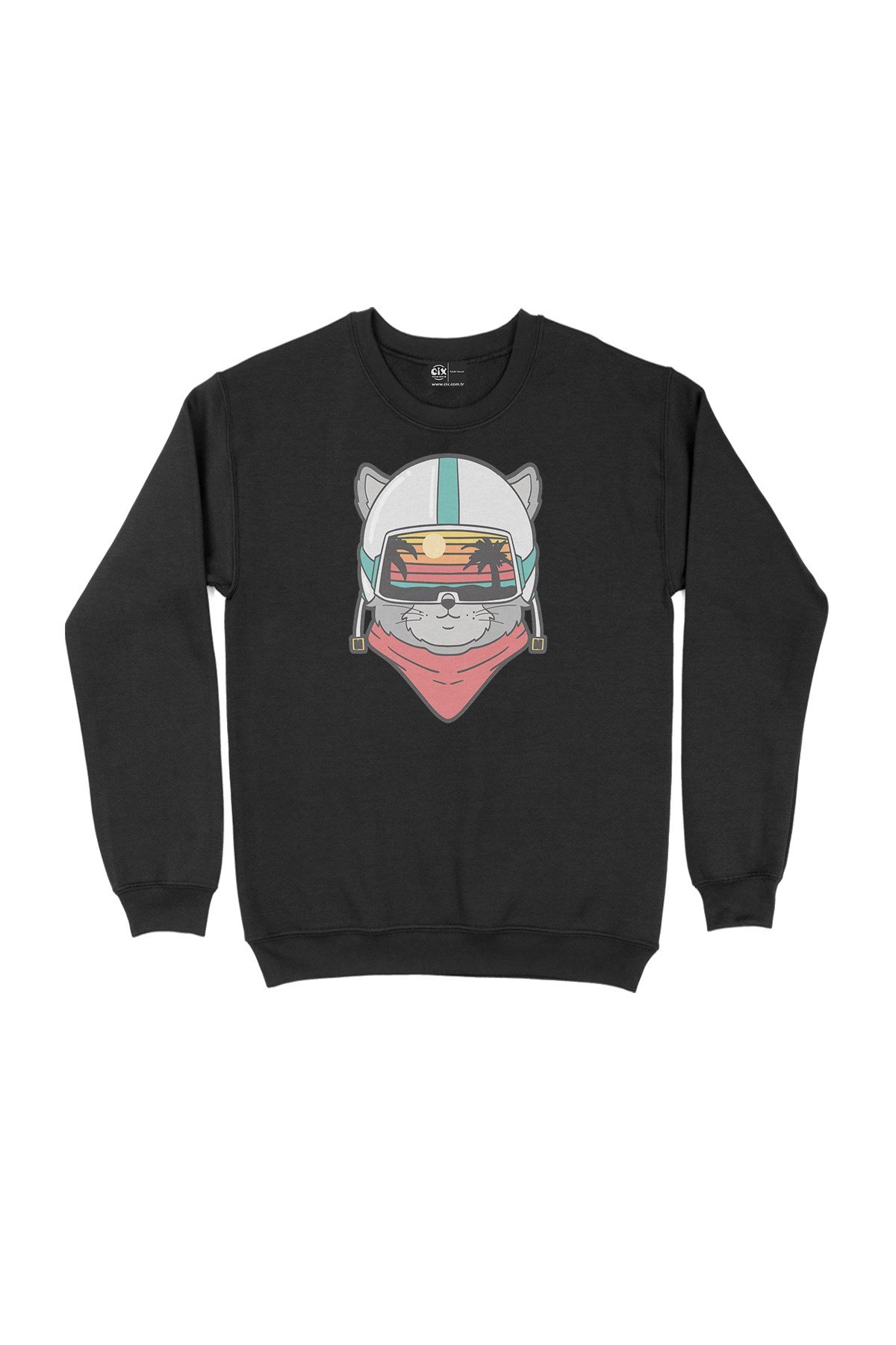 Astronot Kedi Tatilde Siyah Sweatshirt