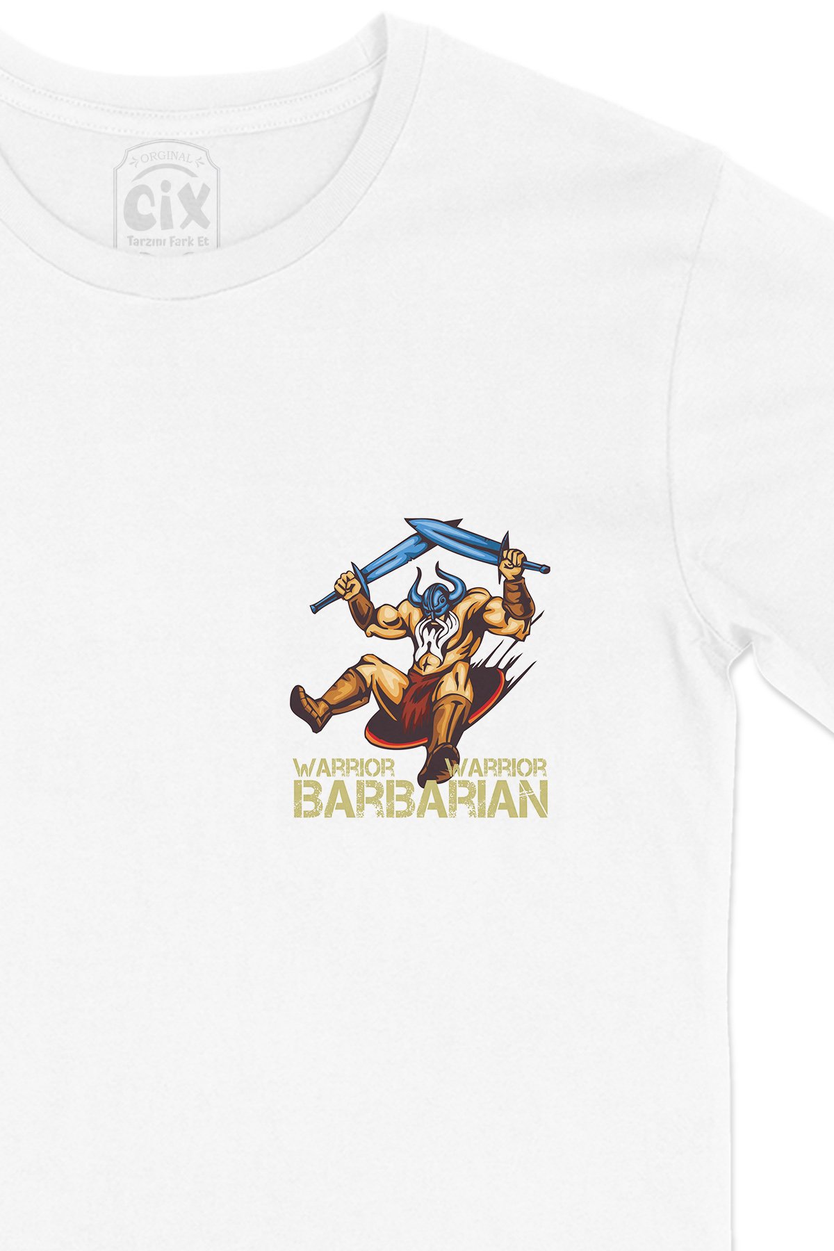 Barbarian Warrior Kılınçlı Cep Logo Tasarımlı Beyaz Tişört