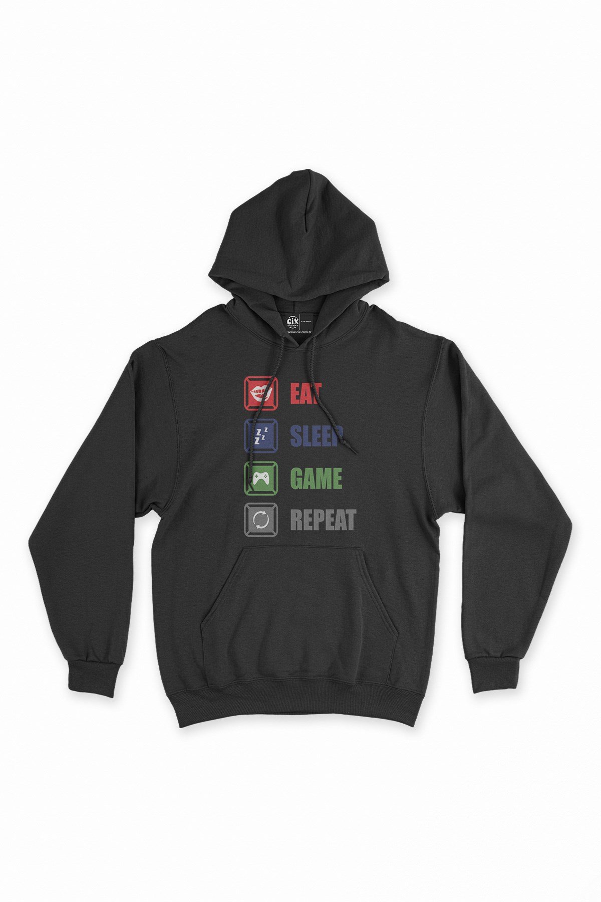 Eat Sleep Game Repeat Siyah Kapşonlu Sweatshirt Hoodie
