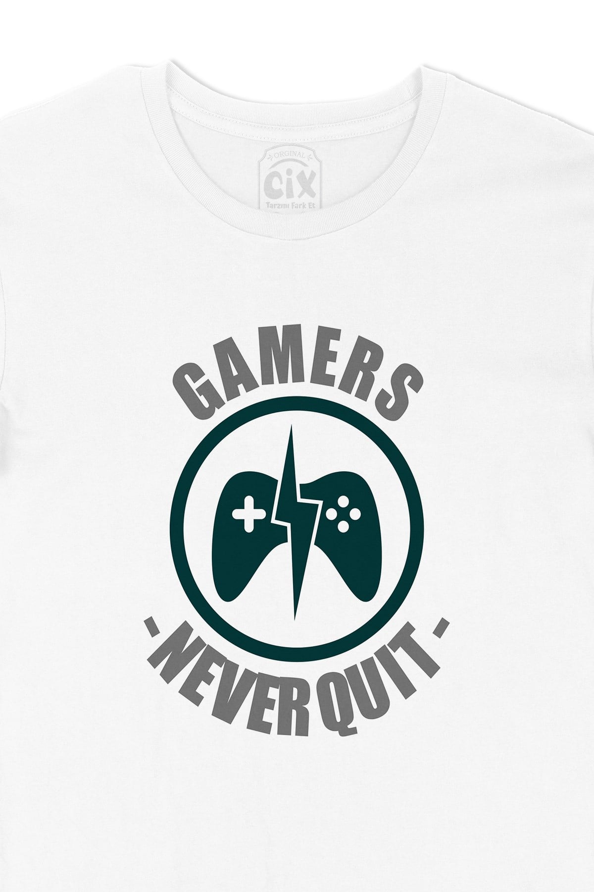 Gri Gamers Never Quit Tişört