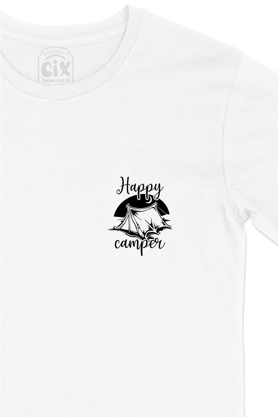 Happy Camper Kampçı Cep Tasarım Baskılı Beyaz Tişört