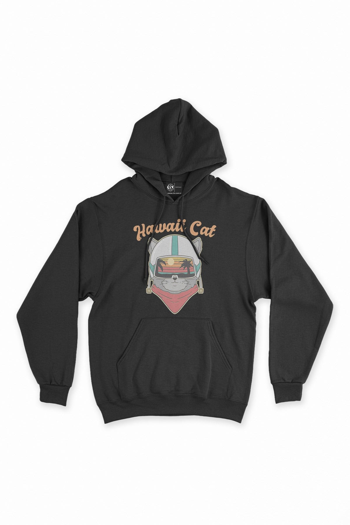 Hawaii Cat Siyah Kapşonlu Sweatshirt Hoodie