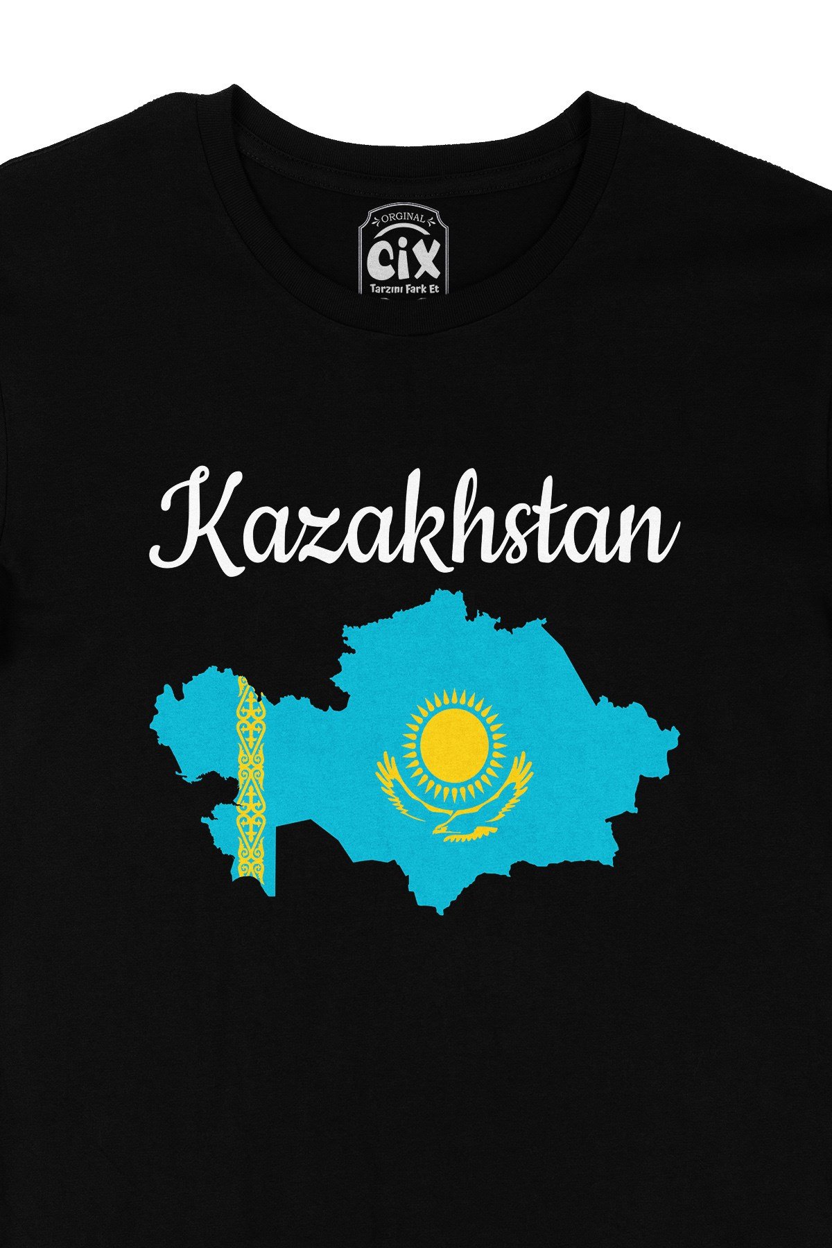 Kazakitan Haritalı ve Bayraklı Siyah Tişört