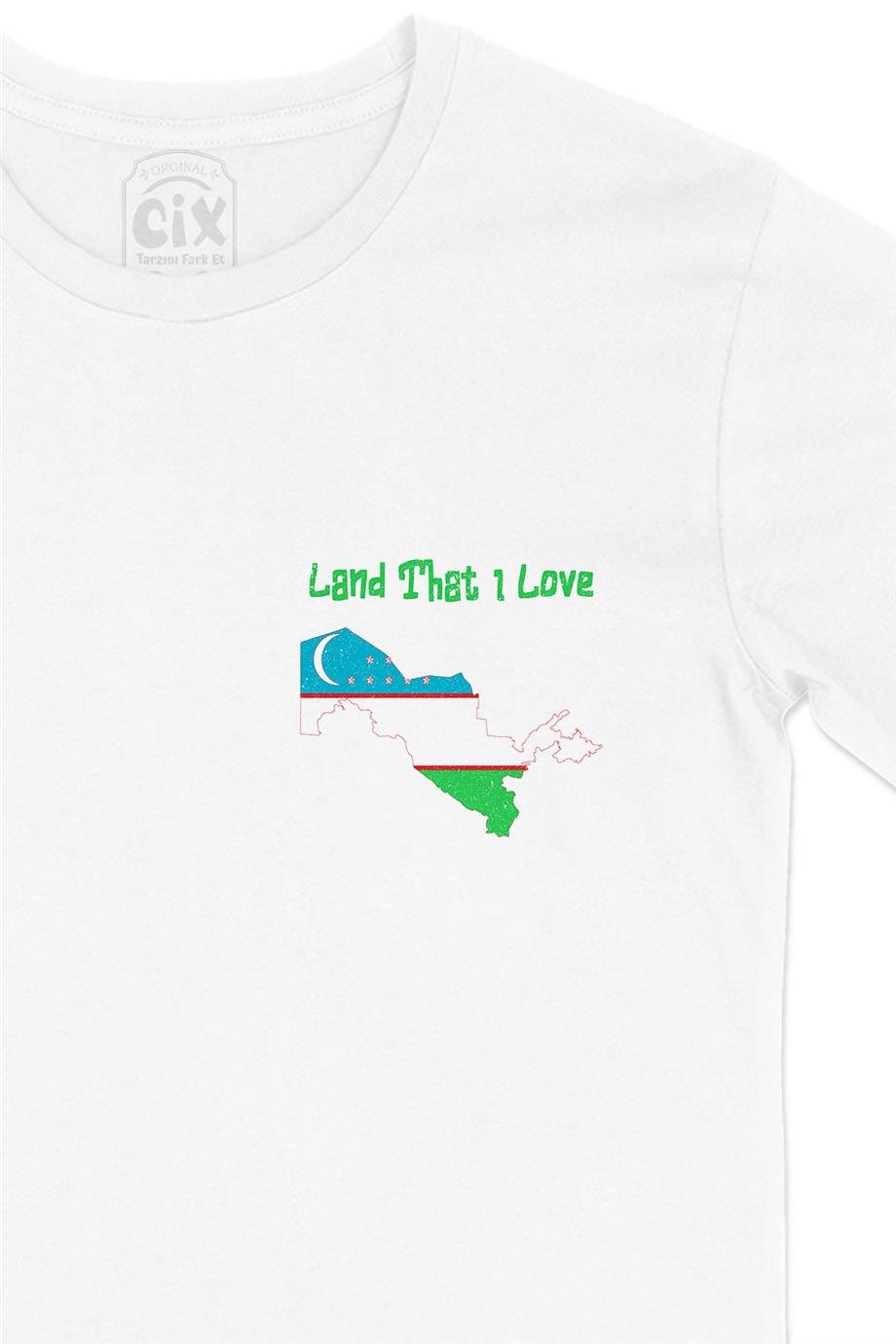 Land That I Love Özbekistan Cep Tasarım Baskılı Beyaz Tişört
