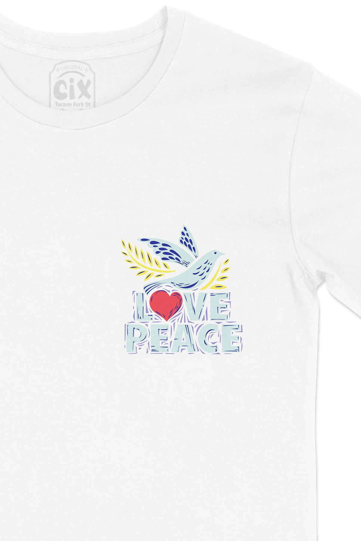 Love And Peace Cep Logo Tasarımlı Beyaz Tişört