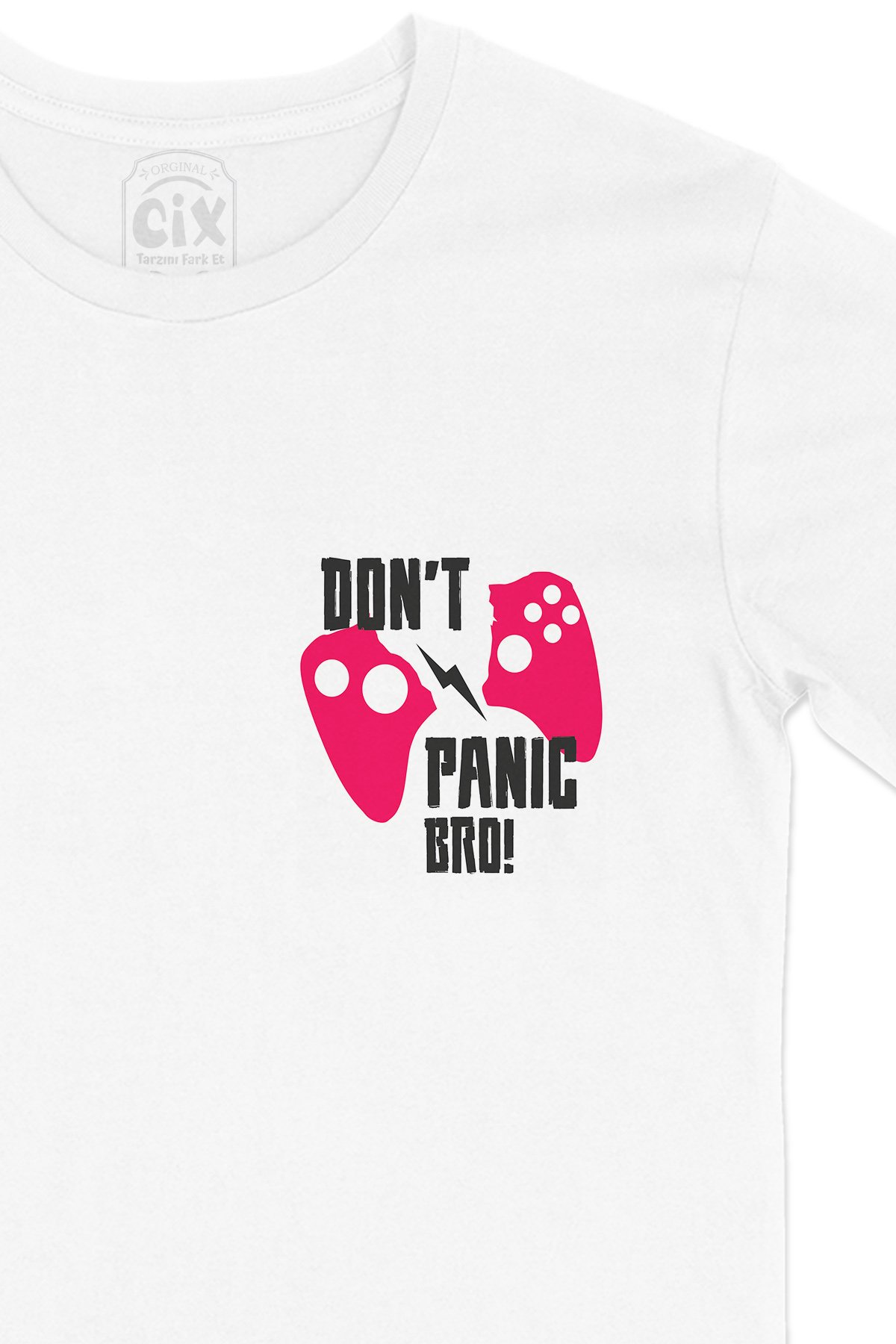 Pembe Don't Panic Bro Cep Logo Tasarımlı Beyaz Tişört