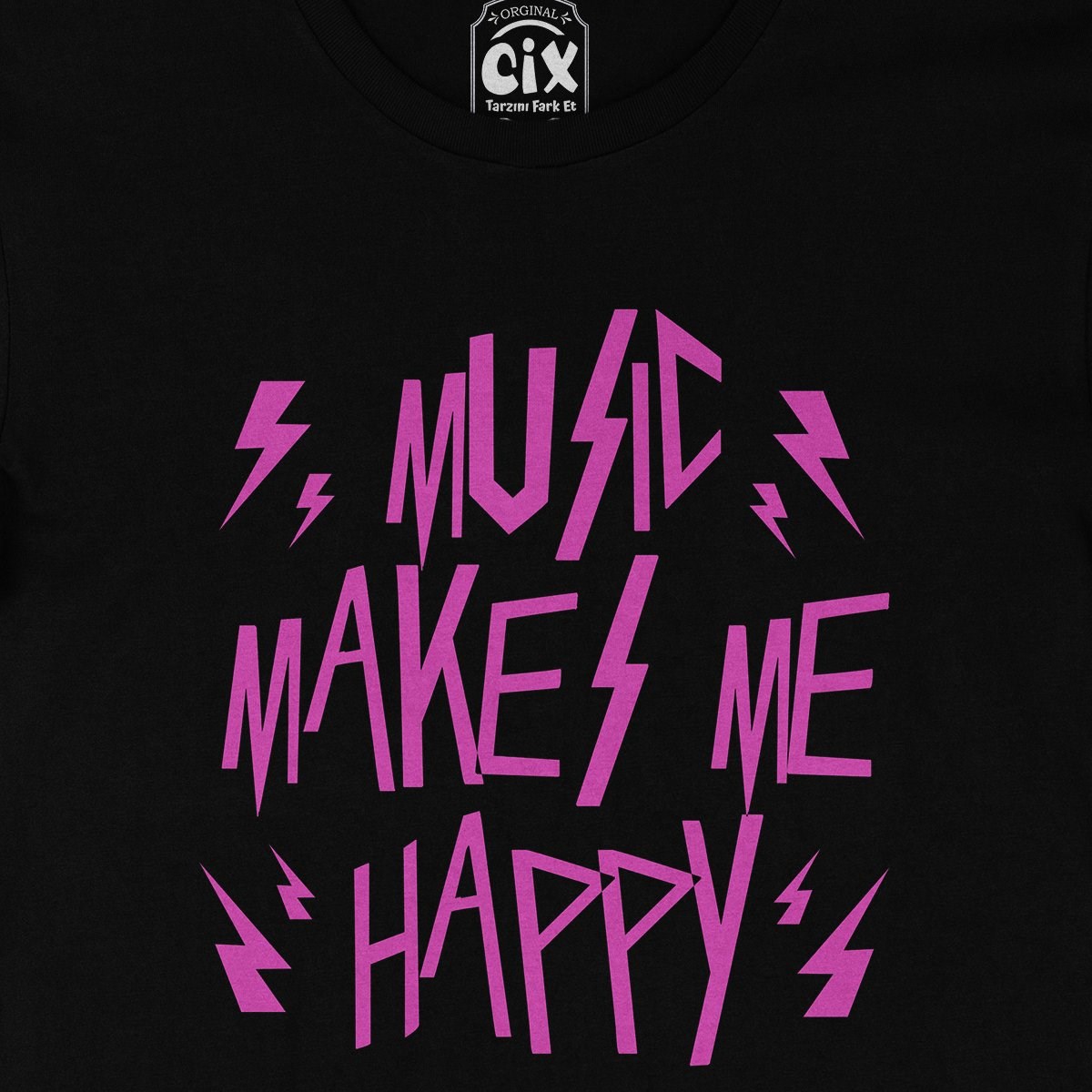 Pembe Music Makes Me Happy Siyah Tişört