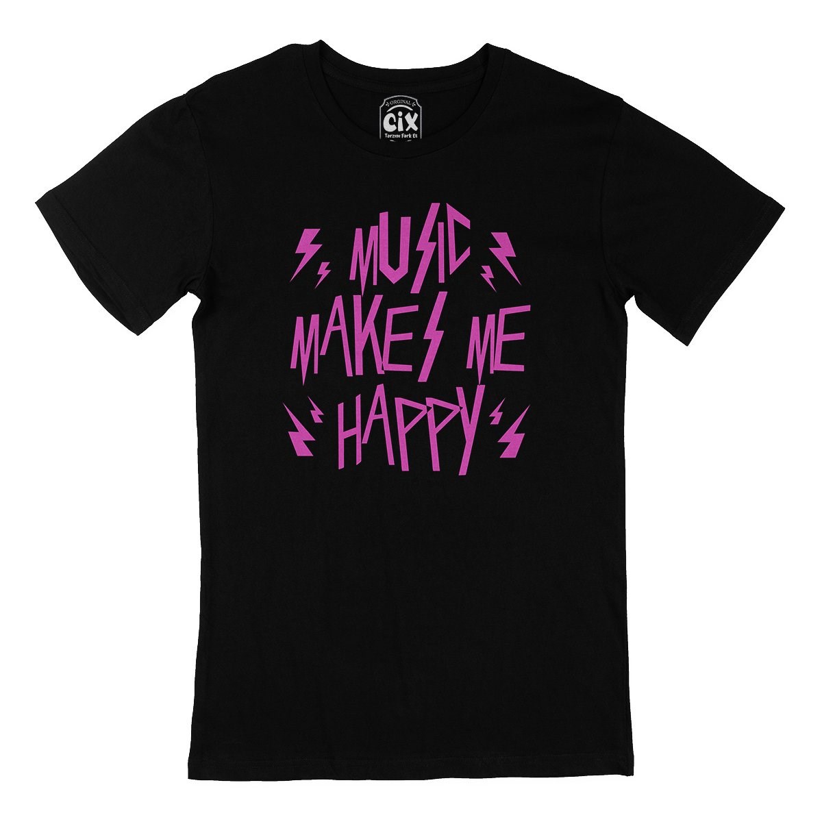Pembe Music Makes Me Happy Siyah Tişört