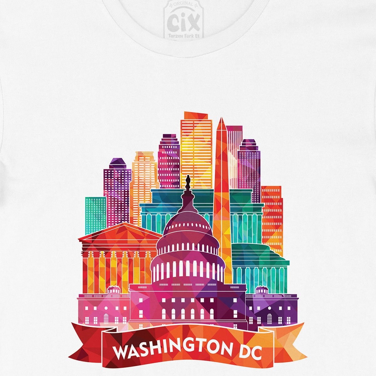 Renkli Washington DC İllüstrasyon Tişört
