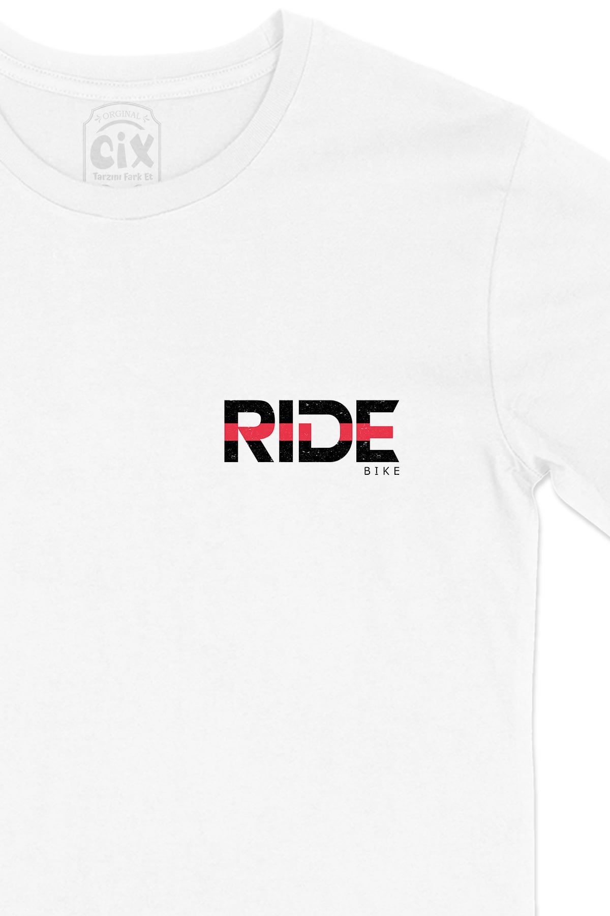 Ride Bike Bisikletçi Cep Logo Tasarımlı Beyaz Tişört