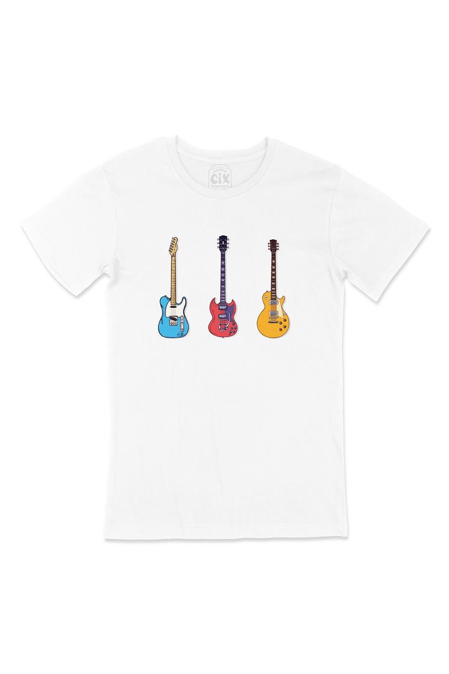Rock Gitar Tasarımlı Beyaz Tişört