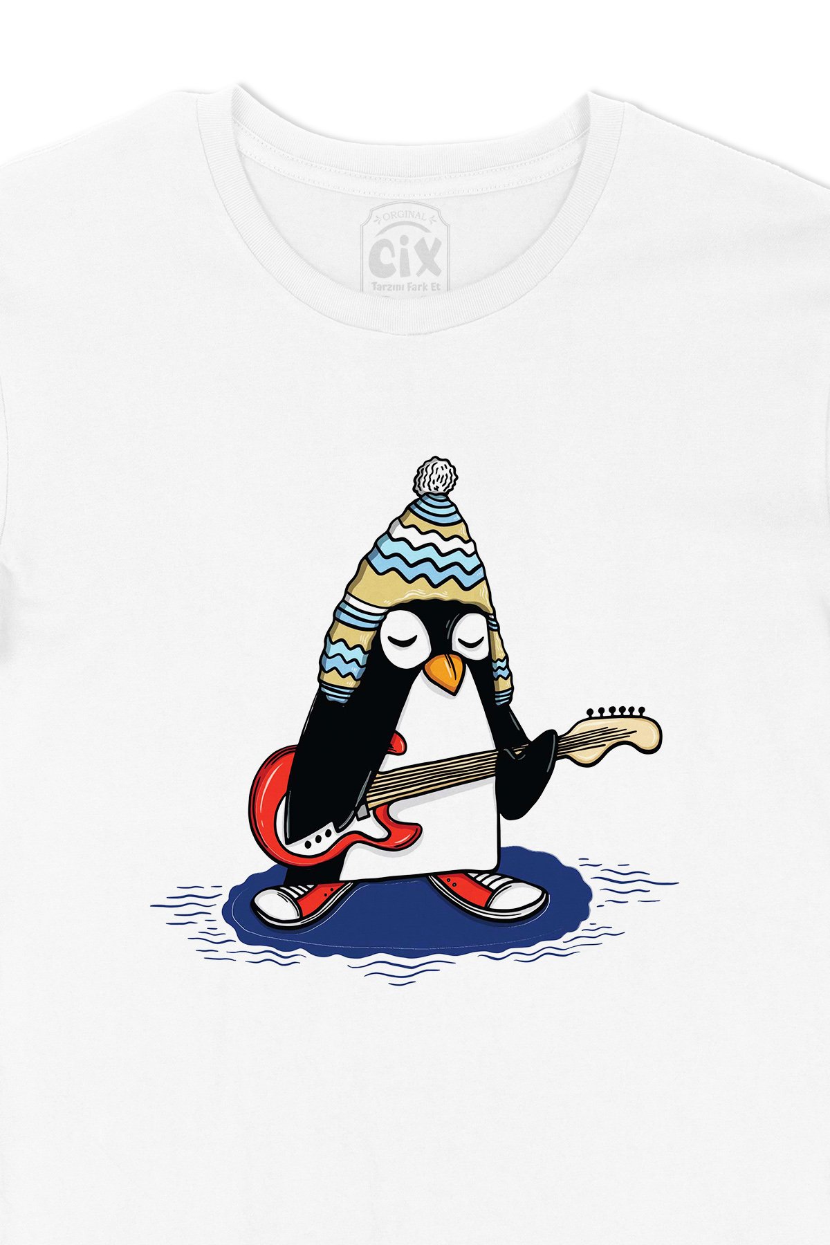 Şapkalı Gitarcı Rocker Penguen Tişört