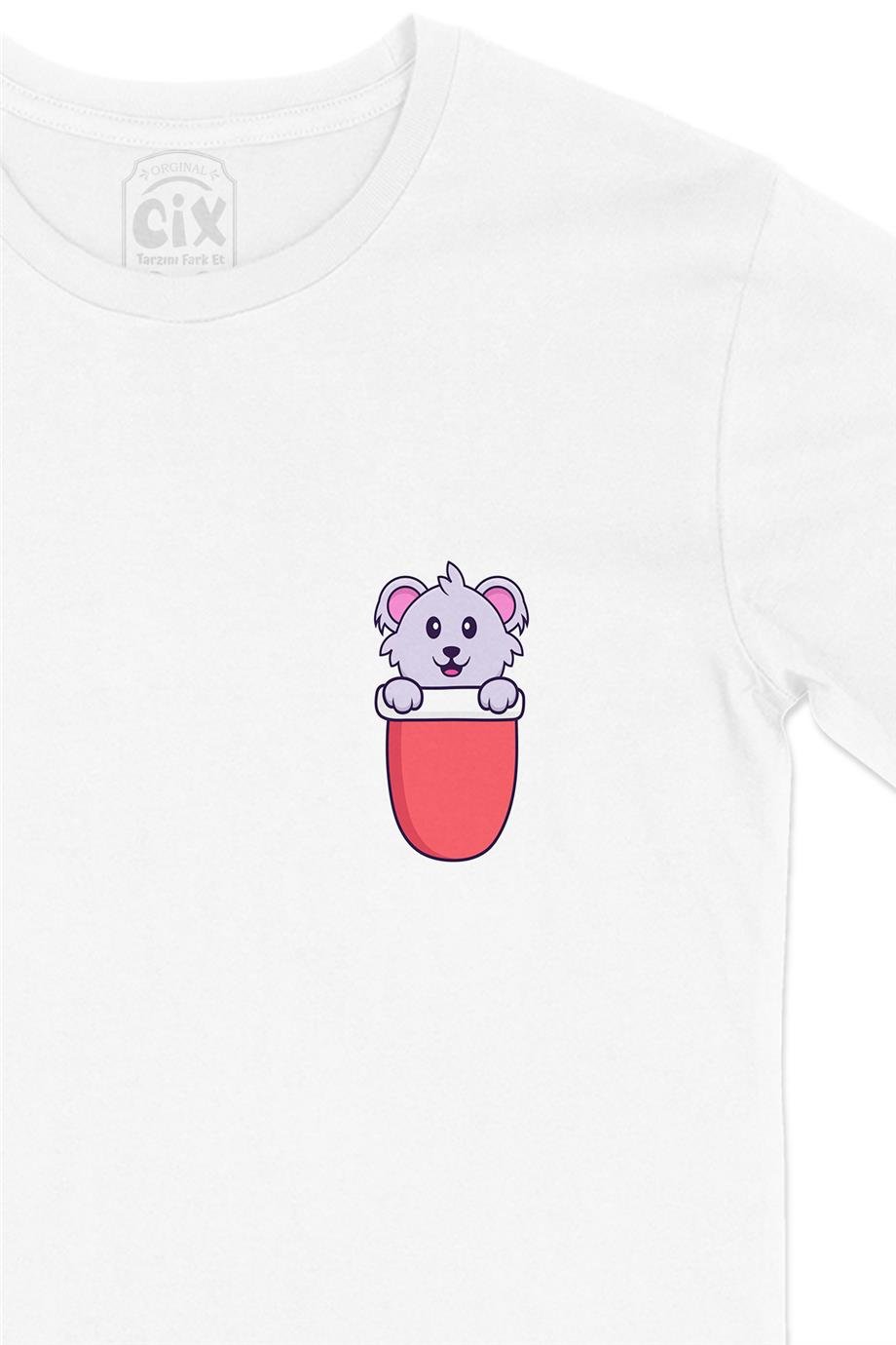 Sevimli Koala Cep Tasarım Baskılı Beyaz Tişört