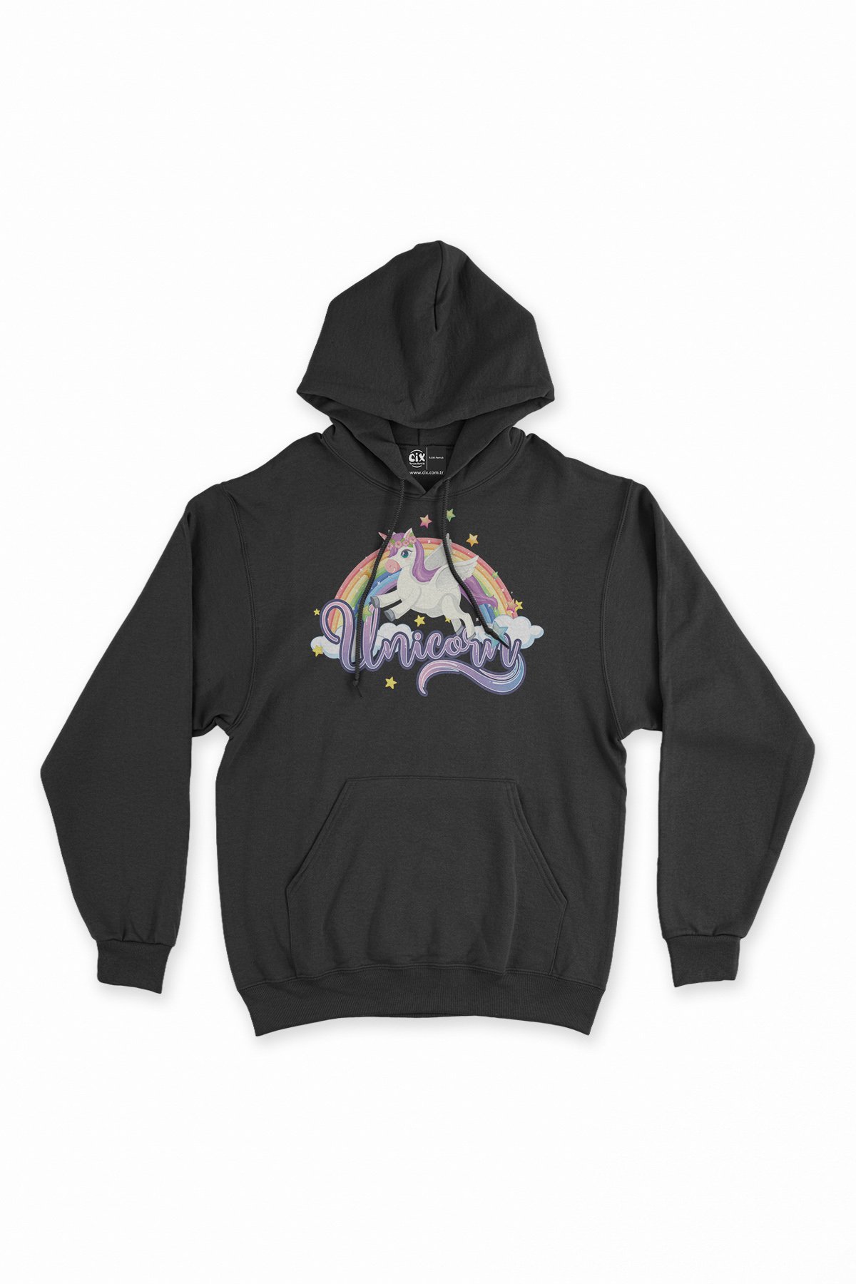 Unicorn Tasarımlı Siyah Sweatshirt Hoodie