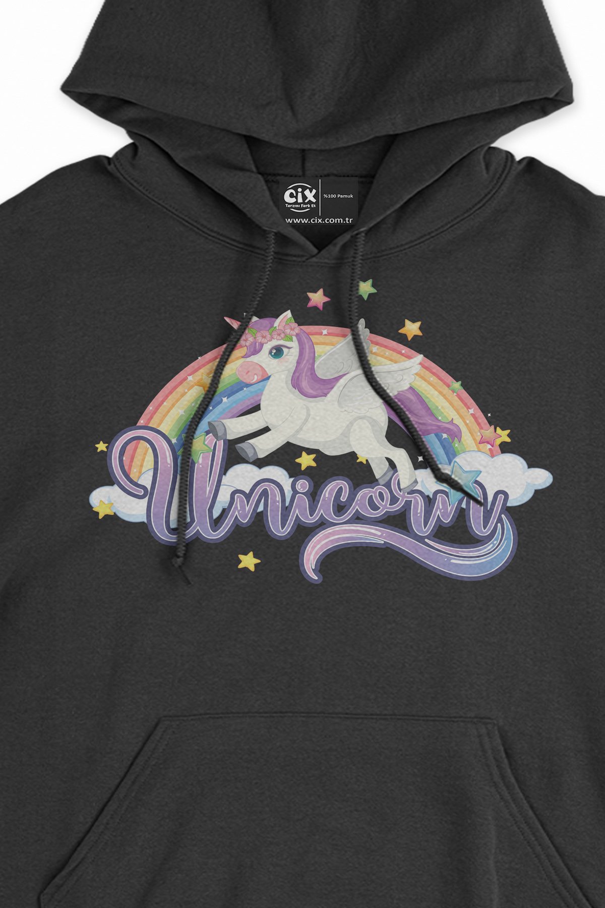 Unicorn Tasarımlı Siyah Sweatshirt Hoodie